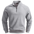 Detail eines grauen Sweatshirts mit halbemds mit halbem Reißverschluss, Stehkragen und Rippstrick - S / Hellgrau