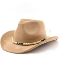 Khaki brown faux suede cowboy hat with vintage wooden bead band and curved wide brim - M (56-58cm) / Camel