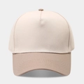 Front view of a 5-panel baseball cap with beige crown and tan brim details - Cream and Khaki
