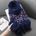 Dark blue checkered scarf with fringe tassels and soft cashmere-like stripe pattern - Navy Blue