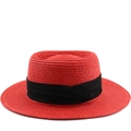 Classic red straw boater hat for women with a contrasting wide black ribbon band - M (56-58cm) / Bright Red with Black Ribbon