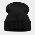 Macro detail of black ribbed knit beanie showing double stripe texture and thick folded cuff - 200# Black