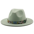 Detail of light green wool fedora hat featuring a stylish snakeskin band and gold buckle - L(58-60cm) / Light Green