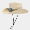 Dettaglio cappello di paglia con fascia etnica di perline ed emblema turchese - Taglia unica / Beige