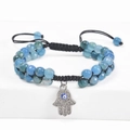 Detail of beaded Hamsa hand bracelet with Evil Eye charm and faceted crystals - Dark Blue Faceted Bead Woven Style (Style-11)