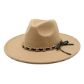 Elegant khaki wool fedora hat with a wide brim featuring a gold chain and leather band - M (56-58cm) / Camel