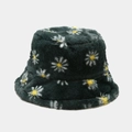 Cappello a secchiello in finta pelliccia verde scuro con motivi a margherite per l'inverno - M (56-58cm) / Verde Scuro con Margherite Bianche (4#)