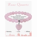 Close-up of natural rose quartz beaded bracelet with a heart pendant on a display card - Rose Quartz Bracelet (With Message Card)