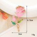 Macro view of pink enamel rose brooch with crystals and dimensions 6.5cm by 3cm - D509 Short Pink Rose