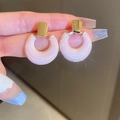 Pink heart pearl earrings with gold metallic rectangular base in minimalist style - Pink Drip Circle