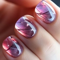 Short square press-on nails with purple pink gradient and artistic line patterns - Yellow Jelly Glue Style