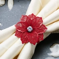 Elegant red metal flower napkin ring with sparkling crystal center for table decor - Red