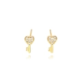 Pair of 18k gold plated key stud earrings with sparkling heart-shaped zircon stones - Gold