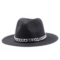 Close-up of black straw fedora hat with a decorative silver metal chain detail - Black