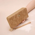 Women's long beige wallet with floral embossing, double zipper and wrist strap design - Khaki