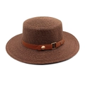 Detailed close-up of brown woven straw boater hat with leather band and golden buckle - M (56-58cm) / Coffee