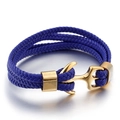 Macro shot of blue braided leather cord and polished golden anchor clasp on wristband - Gold Blue Braided Rope (KB86983-SJ)