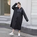 Thick waterproof black EVA long hooded raincoat for adults with white drawstring and snaps - 16 Silk Black