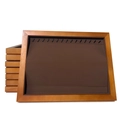 Natural wood jewelry display tray with dark brown velvet lining and black hooks - Necklace Tray