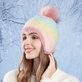 Winter gradient knit hat with fluffy pink pompom and warm faux fur lining for women - Multicolor Yellow (XBG-8699)