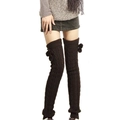Thick cable knit over-knee leg warmers in dark brown with pom-poms for winter - One Size / Coffee