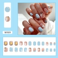 Short matte press-on nails set featuring blue floral and bird patterns in style W989 - W989 Fresh Pigeon Style (Glue Included)