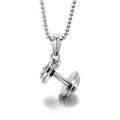Silver stainless steel dumbbell pendant necklace with engraved weight on white background - Dumbbell (KP45700)