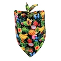 Detailed view of tropical fruit and floral patterns on black dog bandana fabric - Fruit Orchard