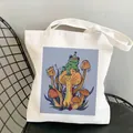 White canvas tote bag featuring a cute frog wearing a birthday hat sitting on a mushroom - C8-Frog In Party Hat & Mushroom (No Zipper No Pocket)