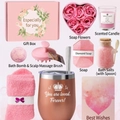 Pink wellness gift set including insulated tumbler, candle, bath bombs, and cozy socks - New Gift Set 1