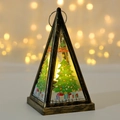 Christmas triangular lantern with bronze finish, LED candle and festive tree pattern - Christmas Tree / Bronze