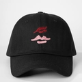 Classic black cotton baseball cap featuring detailed red and pink lip embroidery on front - One Size / Black