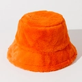 Detailed texture of vibrant orange faux fur on a warm winter bucket hat for women - One Size / Orange