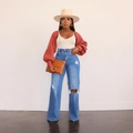 Fashionable high waist wide leg ripped jeans styled with red cardigan and accessories - S / Dark Blue