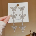 Sparkling S925 silver fringe butterfly earrings with cubic zirconia and pearl finish - E0015 Butterfly Full Rhinestone Tassel-Silver