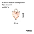 Macro detail of 18K gold heart pendant showing dimensions 8mm by 6mm and 2mm aperture - Silver/Champagne Zircon