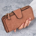 Brown long leather wallet for women with double zippers and snap buckle closure - Brown