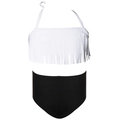 Girls' high-stretch bikini set with white fringe halter top and black high-waist bottoms - 104 / White Tassel Plain Pants Set