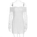 Detail of white off-shoulder lace patchwork on long sleeves and hem of the dress - S / White