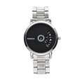 Sleek silver metal strap watch with unique black rotating disk time display - Silver Steel Black Dial / Silver