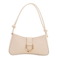 Minimalist cream beige baguette shoulder bag with gold D-buckle and knott detail - White