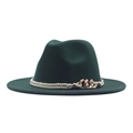 Chapeau fedora en feutre vert foncé avec ruban tressé beige et ornement de chaîne dorée - M (56-58cm) / Vert Foncé