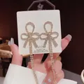 Elegant 925 silver needle bow drop earrings with sparkling tassels and white crystals - E0075 Gold Silver Needle (Double Bow Full Diamond Tassel Gold)