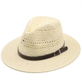 Handwoven cream straw fedora with brown leather band for outdoor sun protection - M(56-58cm) / Cream