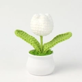 Detail view of a handcrafted crochet white tulip in a minimalist ceramic pot ornament - White Single Head Tulip