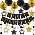 Black and gold birthday party set with Happy Birthday banner and honeycomb stars - Banner Honeycomb Star Hanging Set / Black & Gold