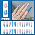 Detail view of long coffin press on nails with pink and blue French V-tips and floral art - CBLCY-67 Pink Blue Flower V-shape