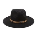 Chapeau fedora en paille noire avec ruban ethnique, chaîne dorée et perles - Noir