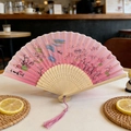 Pink Chinese folding fan with cherry blossom pattern and pink tassel for women - Peach Blossom