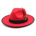 Detail eines roten Wollfilzhuts mit schwarzem Ripsband und dekorativen Naturfedern - M (56-58cm) / Rot